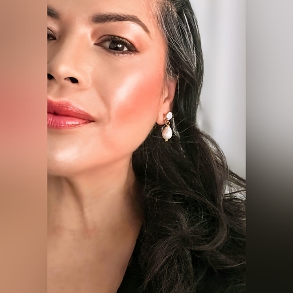 Pink Opal Rose Water Crystal & Natural Baroque Pearls Earrings In Gold Plated - Picture 6 of 7